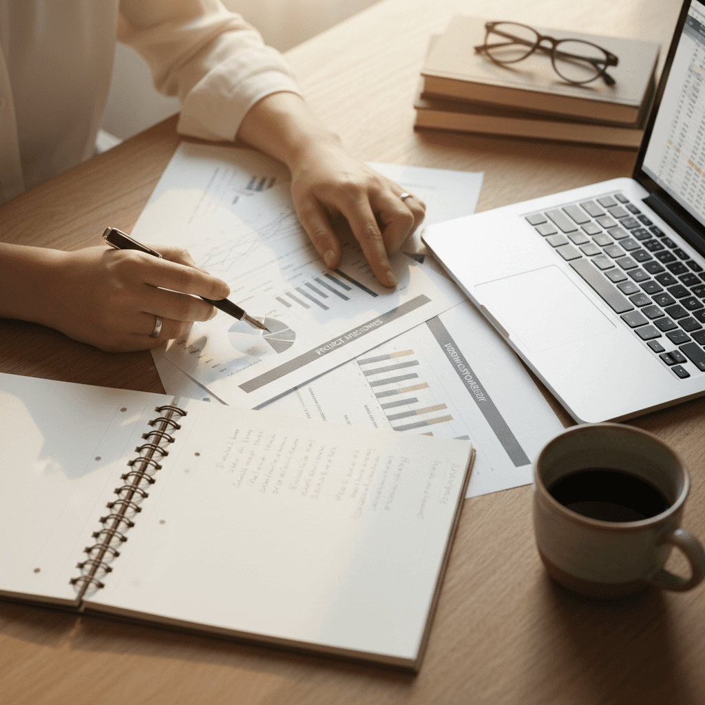 Professional consultant in modern office reviewing documents with warm natural lighting